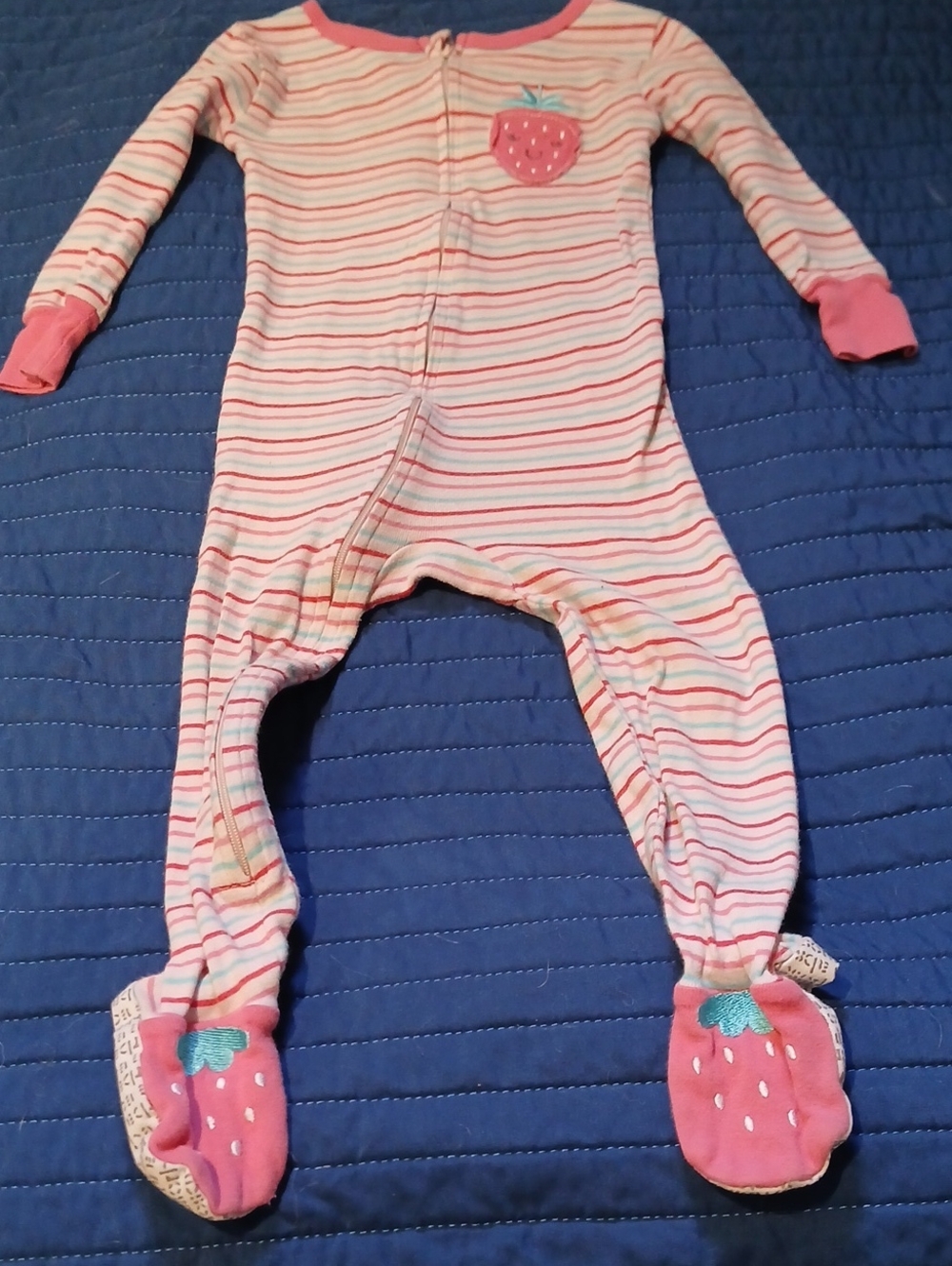 Absorba Pink Striped Footed One-Piece with Strawberry Appliqués